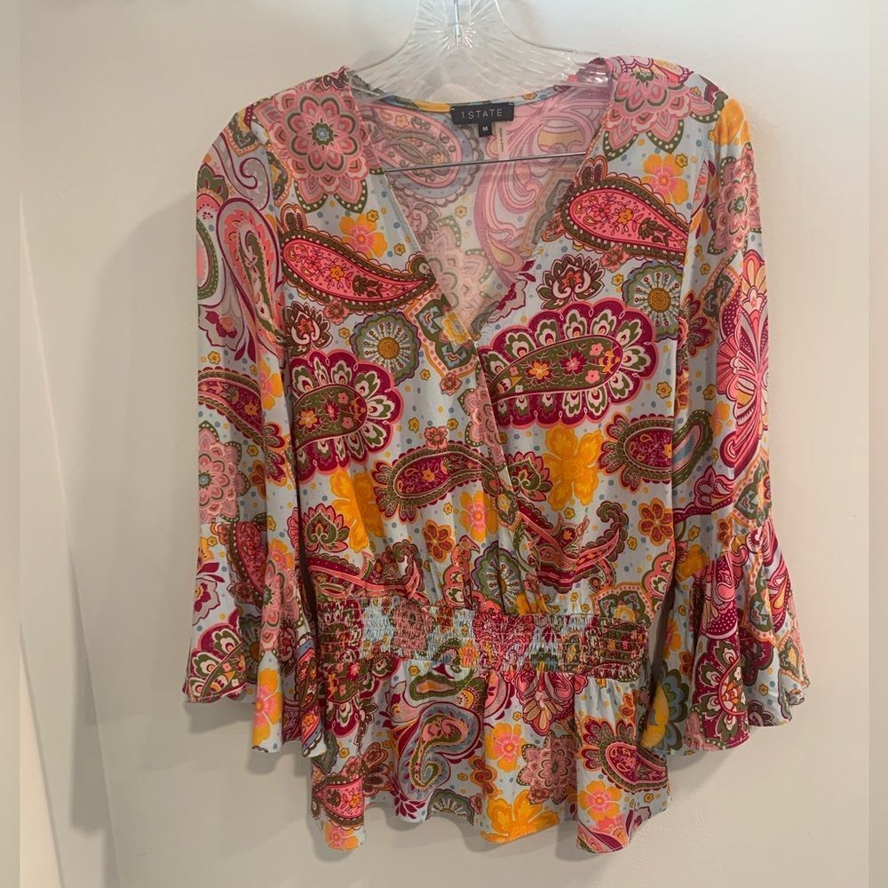 1. State Pink and Orange Ruffled Bell Sleeve Blouse